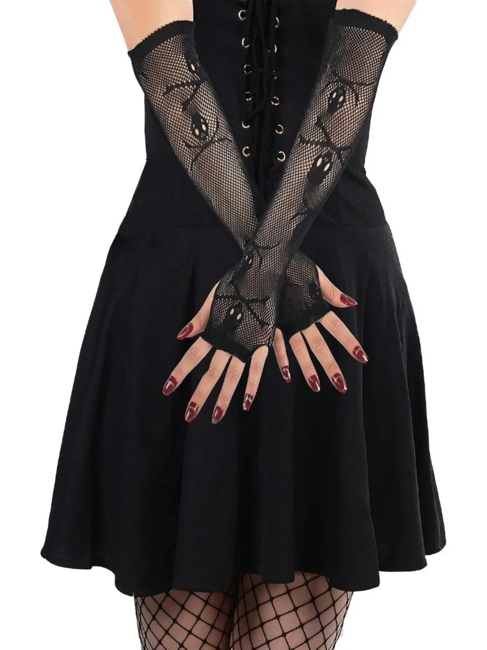 Women's Black Skull Crossbones Fishnet Long Fingerless Gothic Gloves